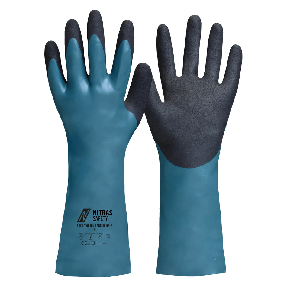 NITRAS GREEN BARRIER GRIP, Chemikalienschutzhandschuhe, naturfarben / petrol / schwarz, EN 388, EN ISO 374 NITRAS