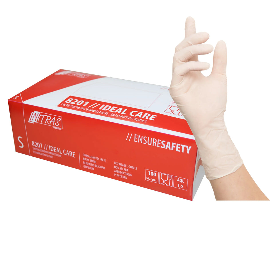 NITRAS IDEAL CARE, Latex-Einmalhandschuhe, weiß, Box à 100 Stück NITRAS