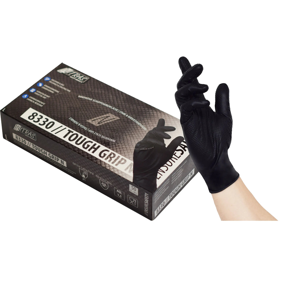 NITRAS TOUGH GRIP N, Nitril-Einmalhandschuhe, schwarz, EN ISO 374, Box à 50 Stück NITRAS