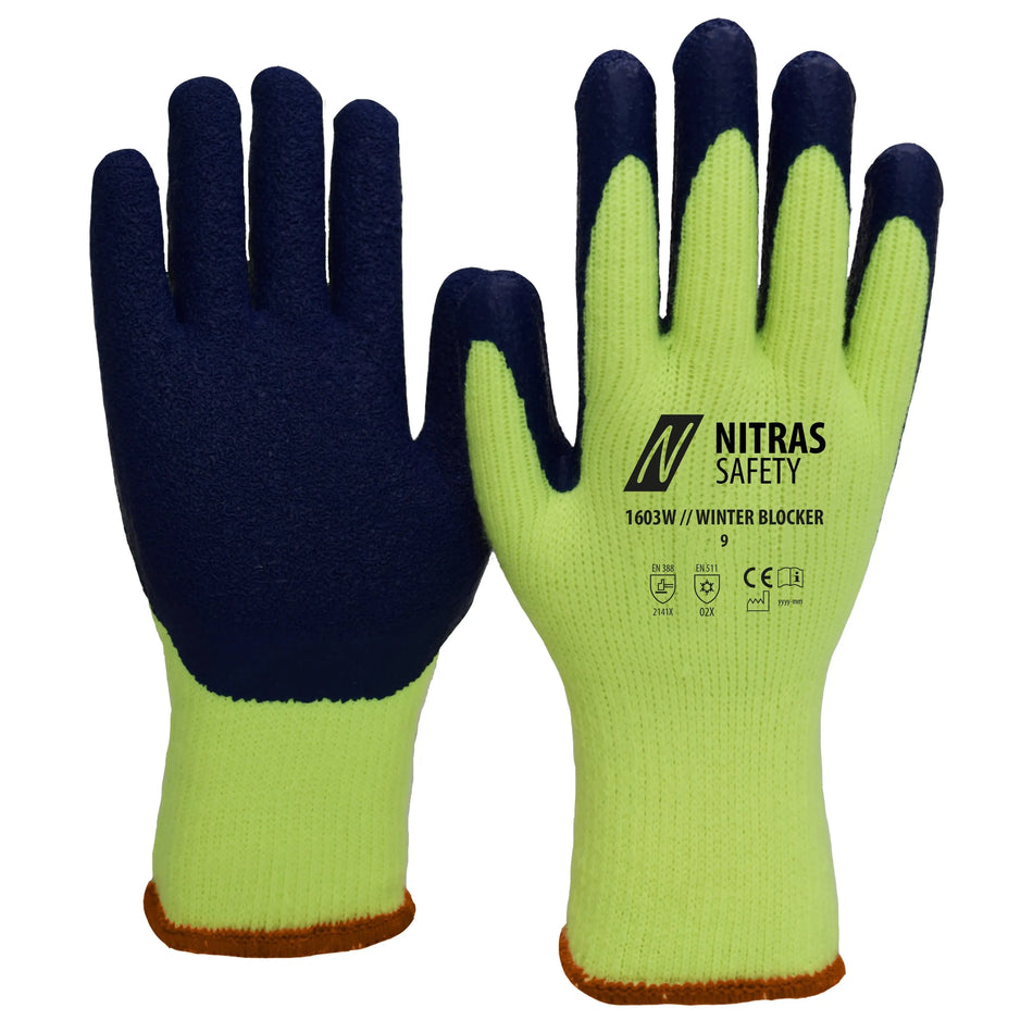 NITRAS WINTER BLOCKER, nahtlose Terry-Schlingenhandschuhe, neongelb / blau, EN 388, EN 511 NITRAS