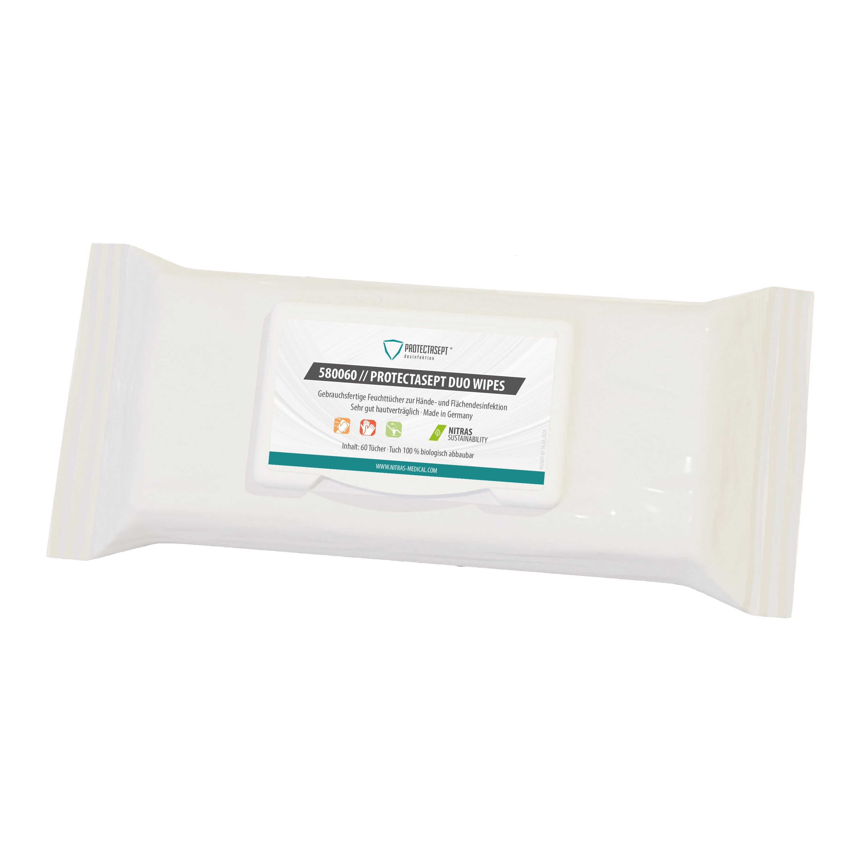 NITRAS PROTECTASEPT DUO WIPES, Desinfektionstücher, EN 16615, Flowpack à 60 Stück 