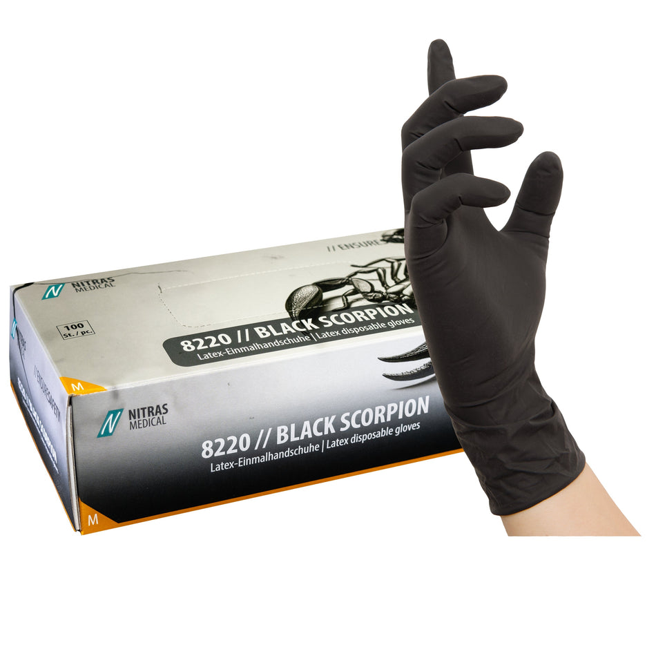 NITRAS BLACK SCORPION, Latex-Einmalhandschuhe, schwarz, EN 455, EN ISO 21420, EN ISO 374, Box à 100 Stück 