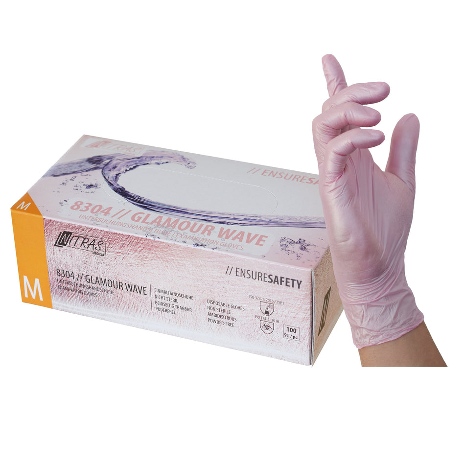 NITRAS GLAMOUR WAVE, Nitril-Einmalhandschuhe, rosa, perlmuttfarben, EN 455, EN ISO 21420, EN ISO 374, EN 421, Box à 100 Stück 