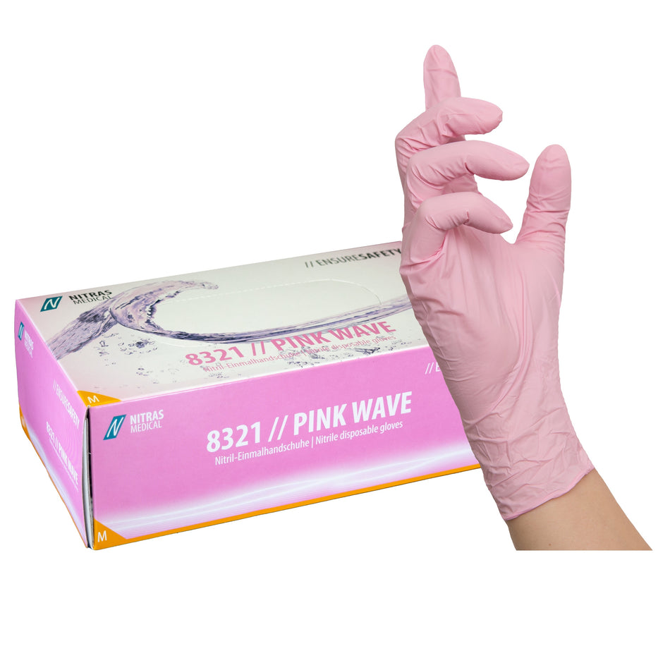 NITRAS PINK WAVE, Einmalhandschuhe aus Nitril, rosa, EN 455, EN ISO 21420, EN ISO 374, EN 421, Box à 100 Stück 