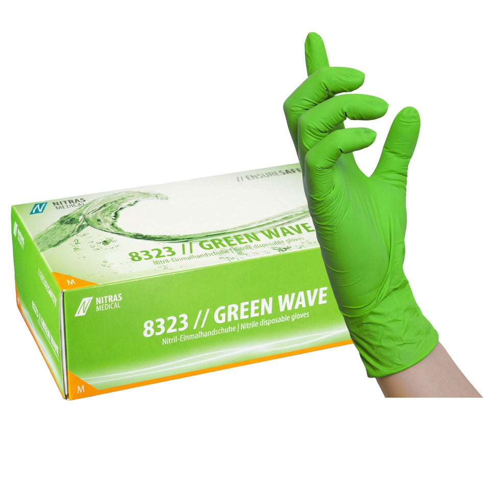 NITRAS GREEN WAVE, Nitril-Einmalhandschuhe, grün, EN 455, EN ISO 21420, EN ISO 374, EN 421, Box à 100 Stück 