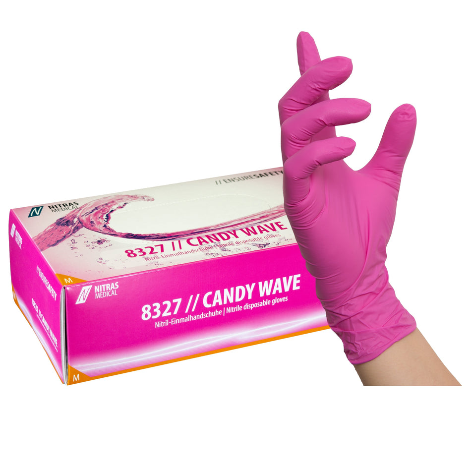 NITRAS CANDY WAVE, Nitril-Einmalhandschuhe, pink, EN 455, EN ISO 21420, EN ISO 374, EN 421, Box à 100 Stück 