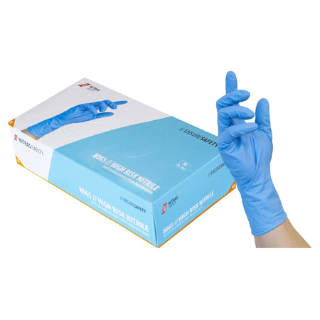 NITRAS HIGH RISK NITRILE, Nitril-Einmalhandschuhe, blau, EN ISO 374, EN 388, Box à 50 Stück (Gr. 2XL - Box à 45 Stück) NITRAS