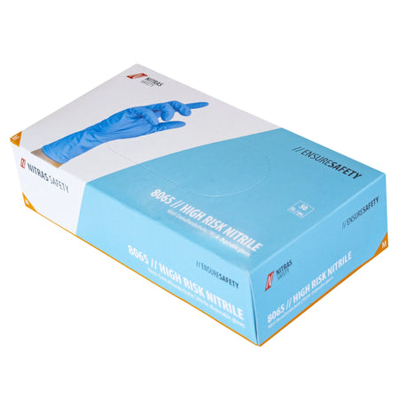 NITRAS HIGH RISK NITRILE, Nitril-Einmalhandschuhe, blau, EN ISO 374, EN 388, Box à 50 Stück (Gr. 2XL - Box à 45 Stück) NITRAS