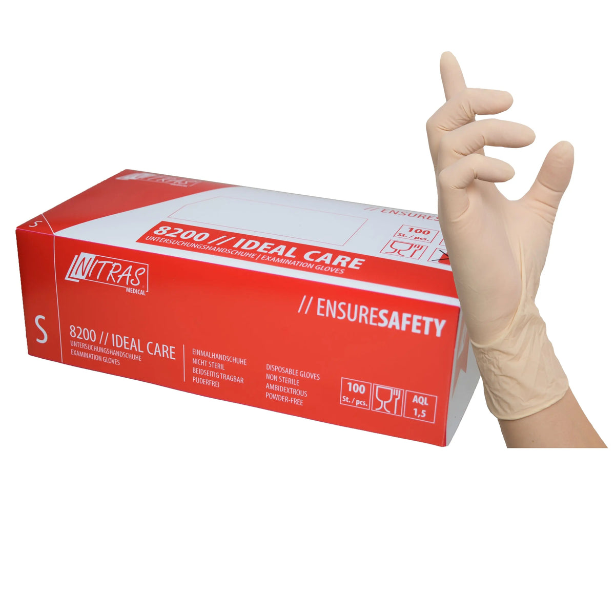 NITRAS IDEAL CARE, Latex-Einmalhandschuhe, naturfarben, Box à 100 Stück NITRAS