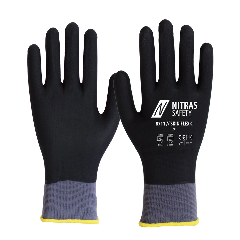 NITRAS SKIN FLEX 3D, Montagehandschuhe, grau / schwarz, EN 388, EN 407, OEKO-TEX NITRAS