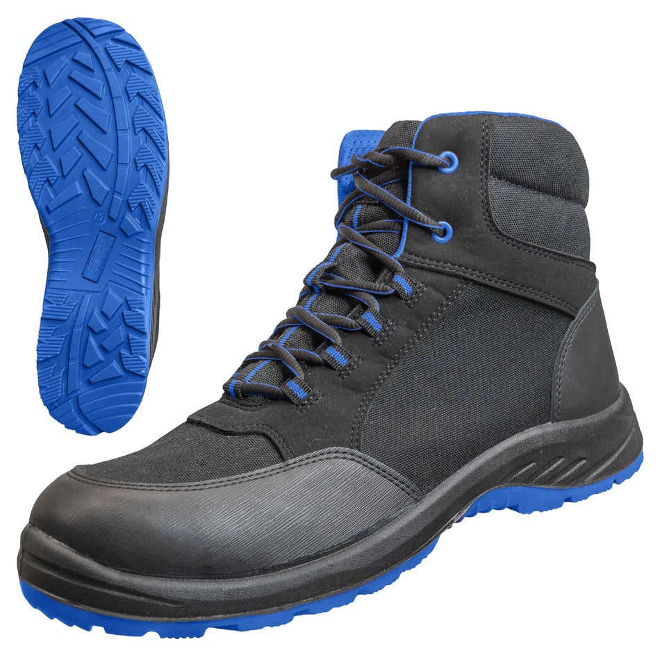 NITRAS SOLID STEP MID, Sicherheitsstiefel, halbhoch, S3S CI FO SR, strapazierfähiges Textil, schwarz, widerstandsfähige PU / PU-Laufsohle, schwarz / blau (Farbcode: 1022), EN ISO 20345, EN IEC 61340-4-3, DGUV Regel 112-191 NITRAS