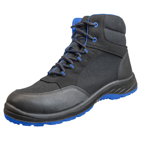 NITRAS SOLID STEP MID, Sicherheitsstiefel, halbhoch, S3S CI FO SR, strapazierfähiges Textil, schwarz, widerstandsfähige PU / PU-Laufsohle, schwarz / blau (Farbcode: 1022), EN ISO 20345, EN IEC 61340-4-3, DGUV Regel 112-191 NITRAS