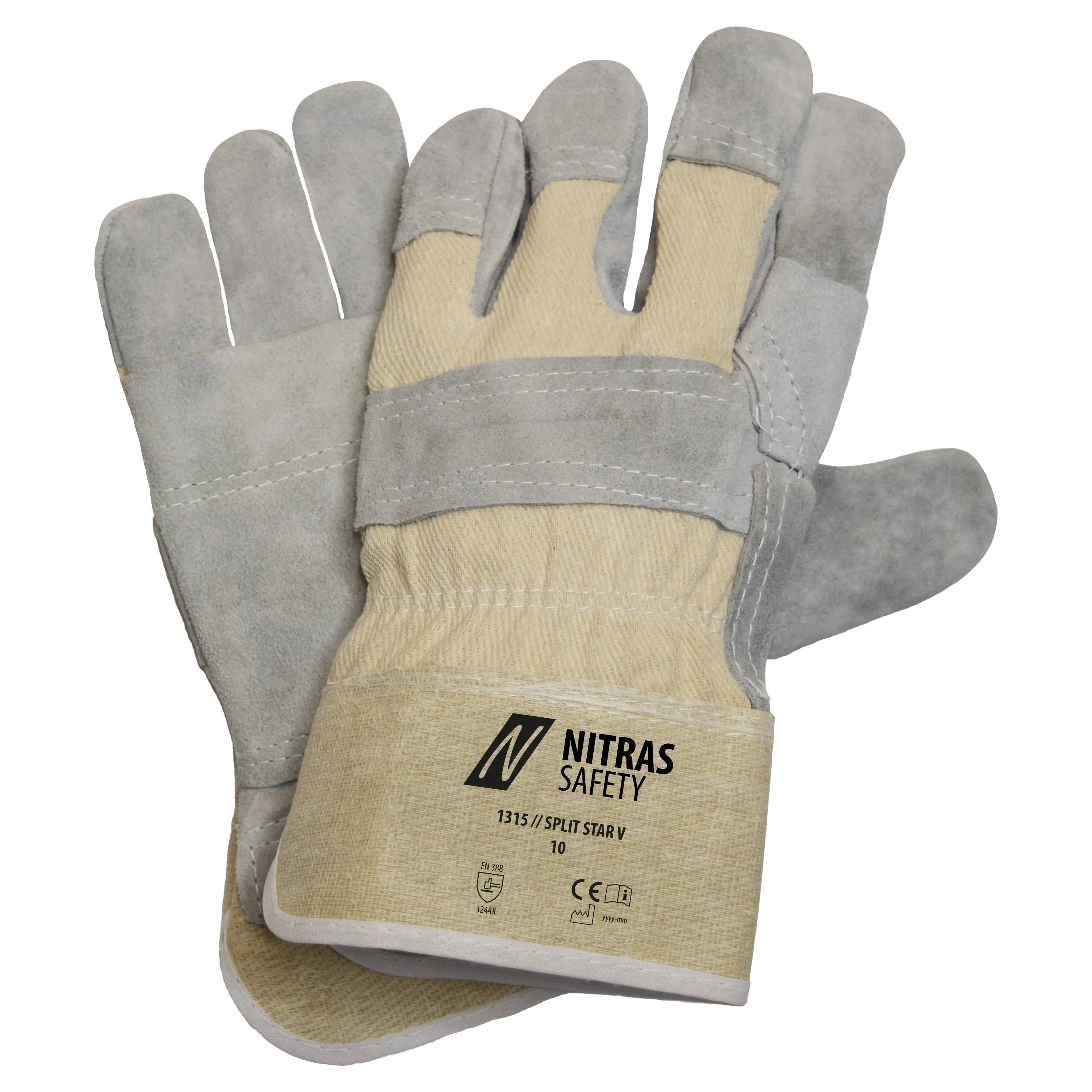 NITRAS SPLIT STAR V, Rindspaltlederhandschuhe, naturfarben / grau, EN 388 NITRAS