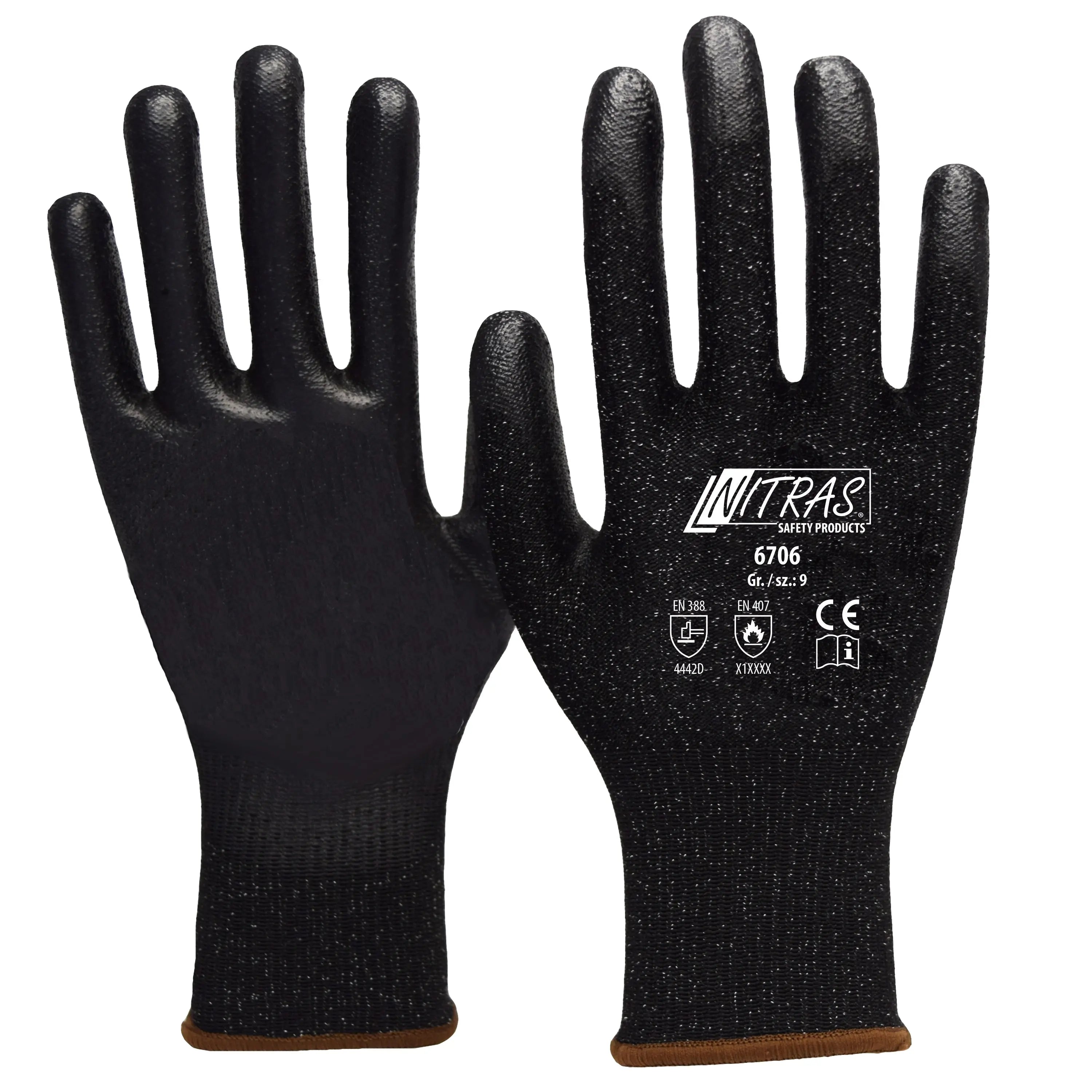 NITRAS Schnittschutzhandschuhe, schwarz / schwarz, EN 388, EN 407 NITRAS