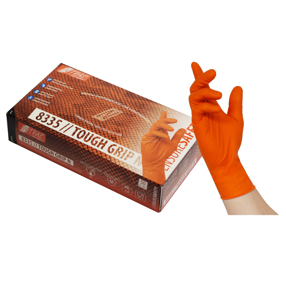 NITRAS TOUGH GRIP N, Nitril-Einmalhandschuhe, orange, EN ISO 374, Box à 50 Stück NITRAS