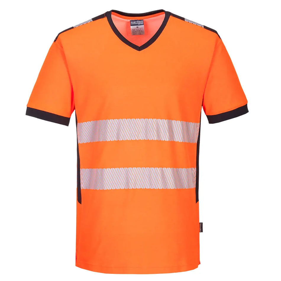 PW3 Warnschutz-T-Shirt mit V-Ausschnitt und Mesh Einsatz kurzarm  PW310 Workschutz.de