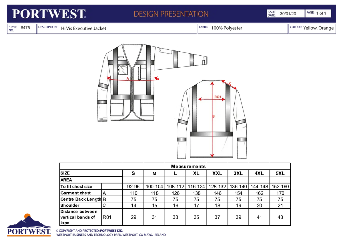 Warnschutz Exekutiv Jacke Gelb Portwest S475 Workschutz